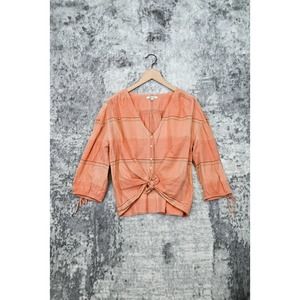 Madewell Morningview Tie Sleeve Shirt in Peach Check Plaid